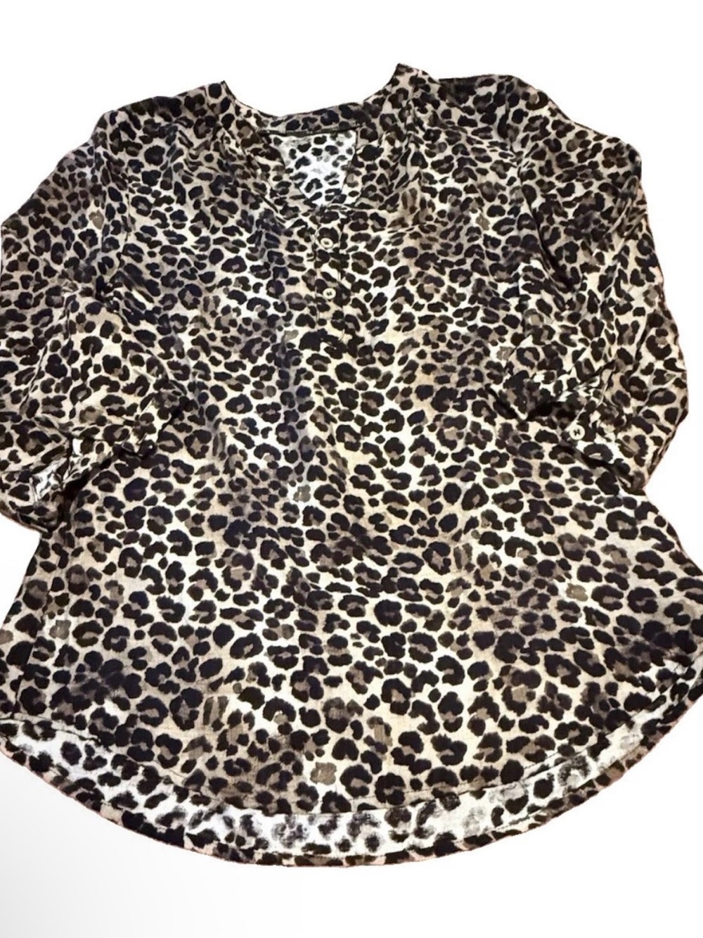 Lomon Leopard V-neck Tunic Blouse Curved Hem Three Quarter Sleeve Medium